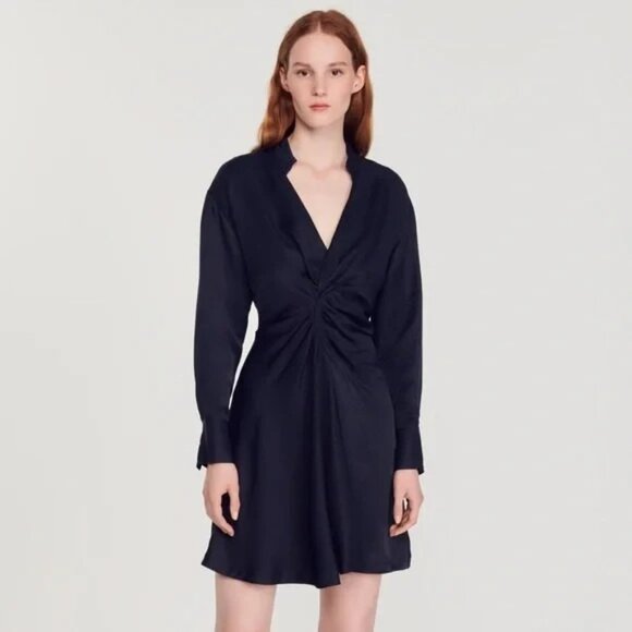 Sandro Celia Ruched Linen Blend Long Sleeve Shirtdress Navy Blue Size 36 - Picture 1 of 11